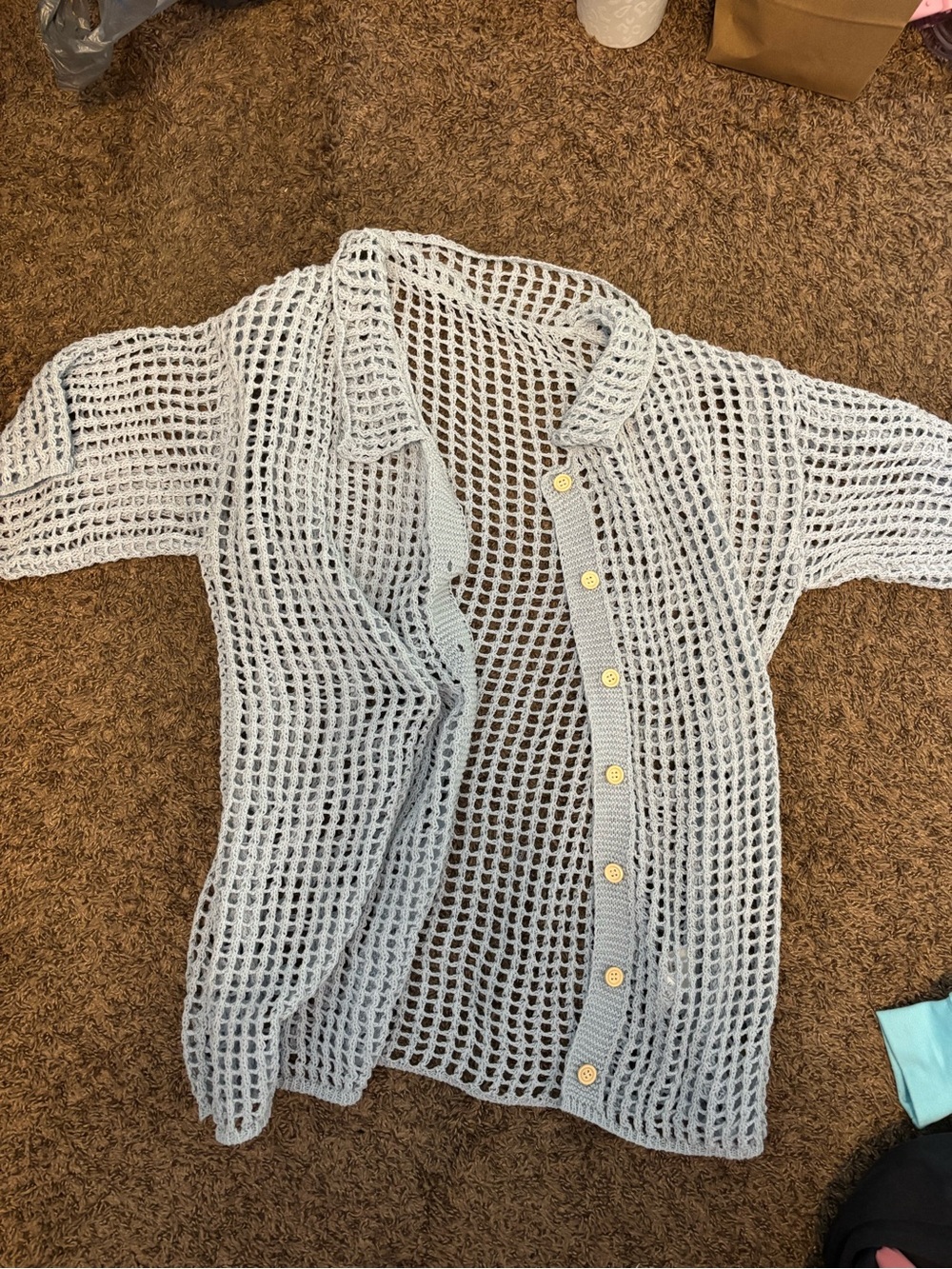 Light Blue Open-Weave Button-Up Swim Cover